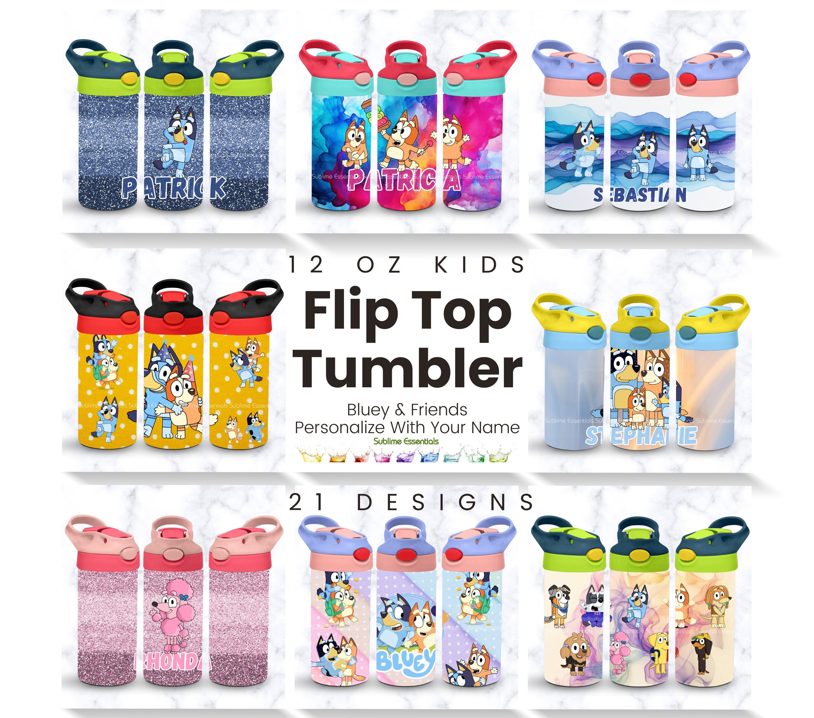 Bluey & Friends - 12 Oz Kids Flip Top Tumbler - Made to Order - 21 Design Options!