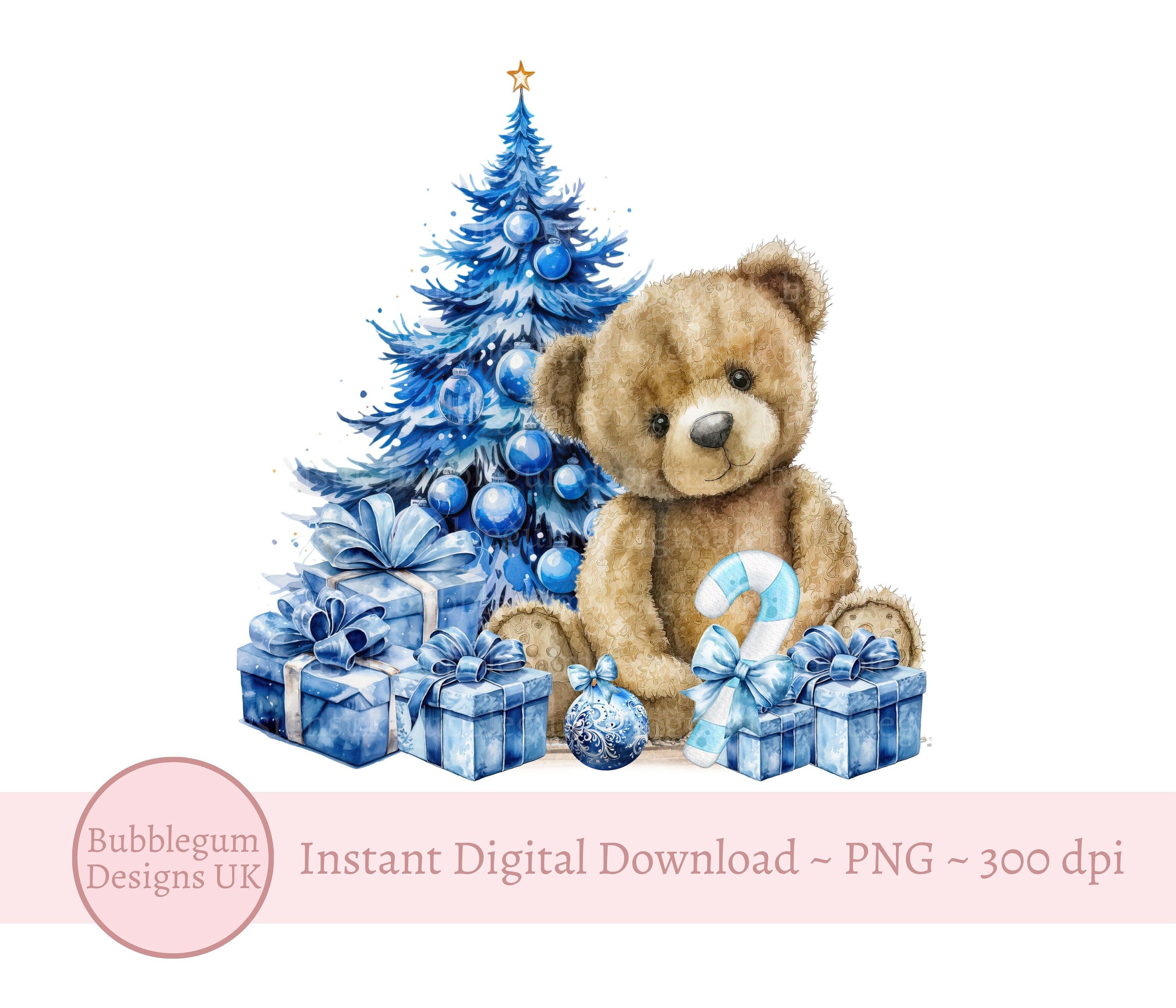Blue Christmas Teddy Bear & Tree PNG, Christmas Bear, Baby