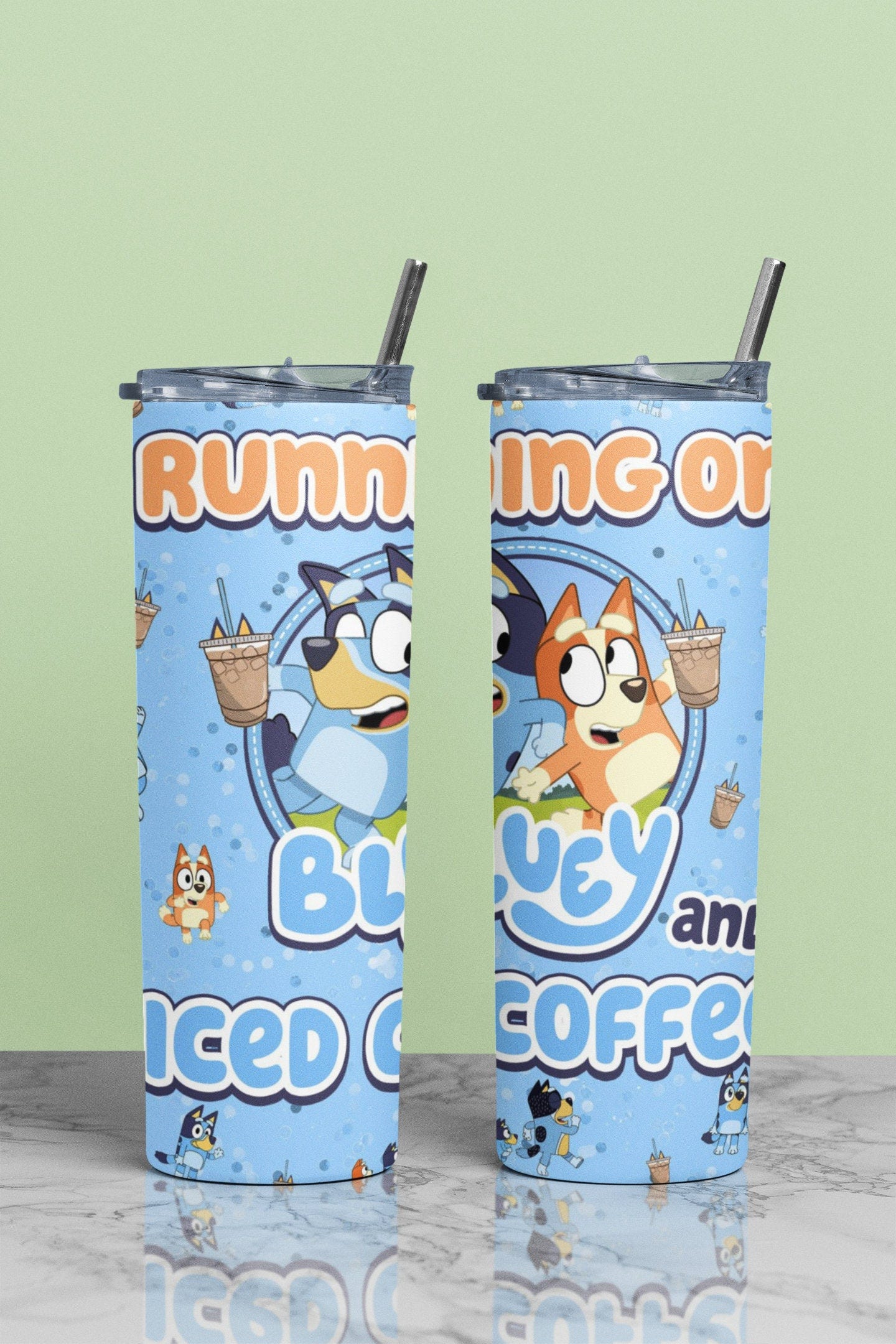 Running on Bluey and Iced Coffee tumbler, 20 oz, Bingo,