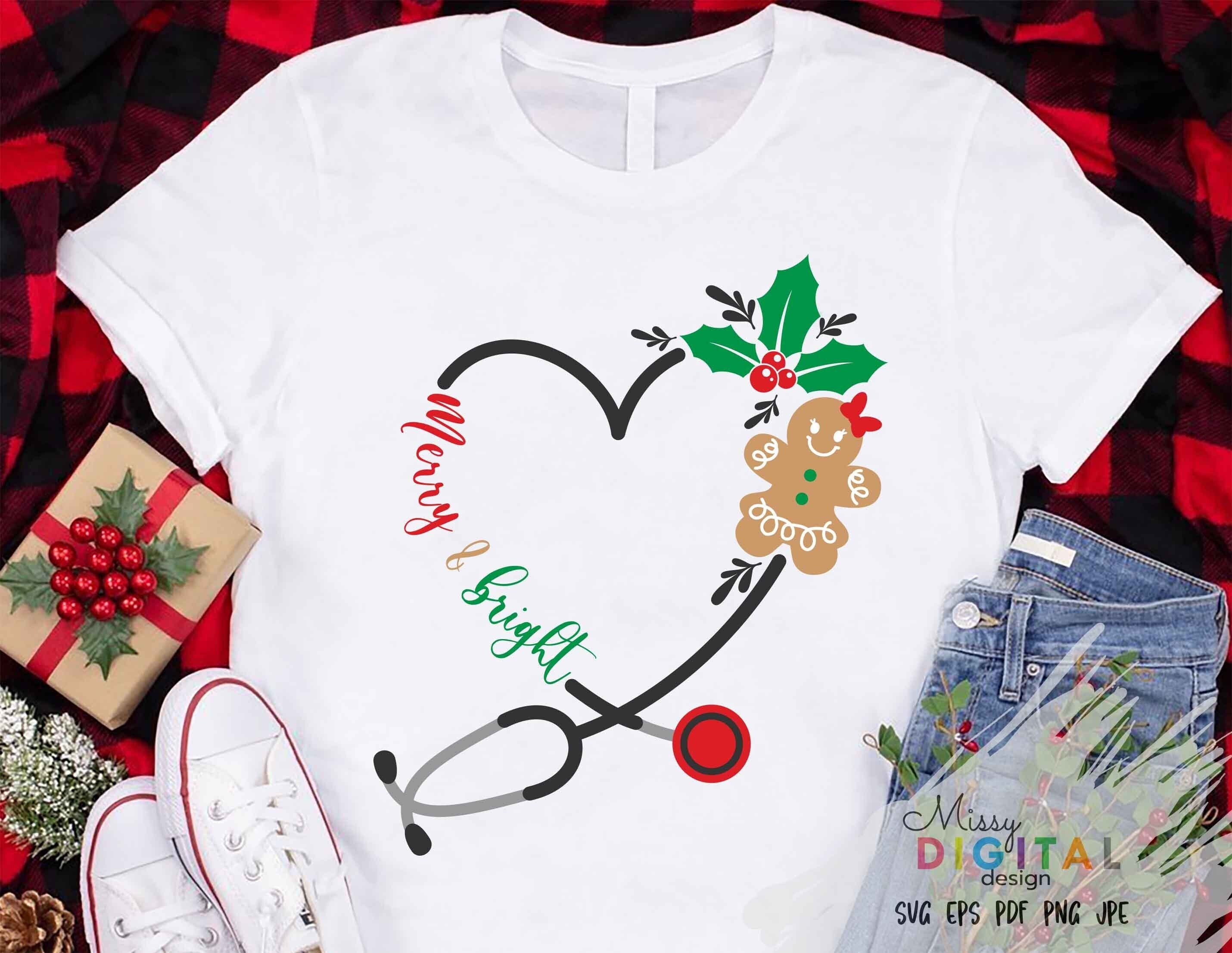 Merry and Bright Stethoscope SVG Cut File - Heart Stethoscope SVG,Stethoscope Svg,Gingerbread svg,Christmas Svg,Nurse,Christmas shirt Svg