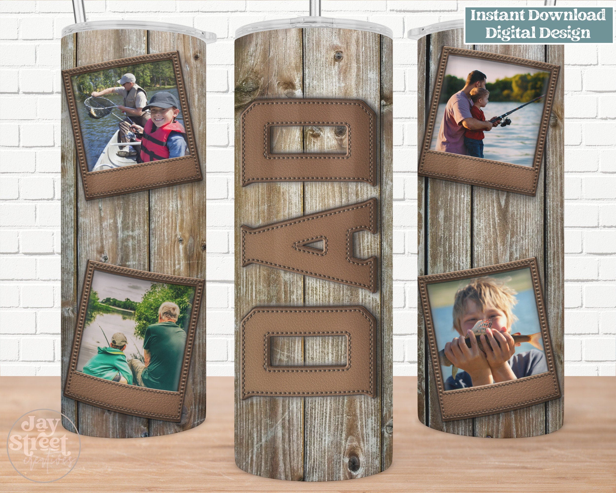 20 Oz Photo Tumbler, Wood And Leather Dad Photo Sublimation Design Photo Collage Gift, Png, Digital Download, Father