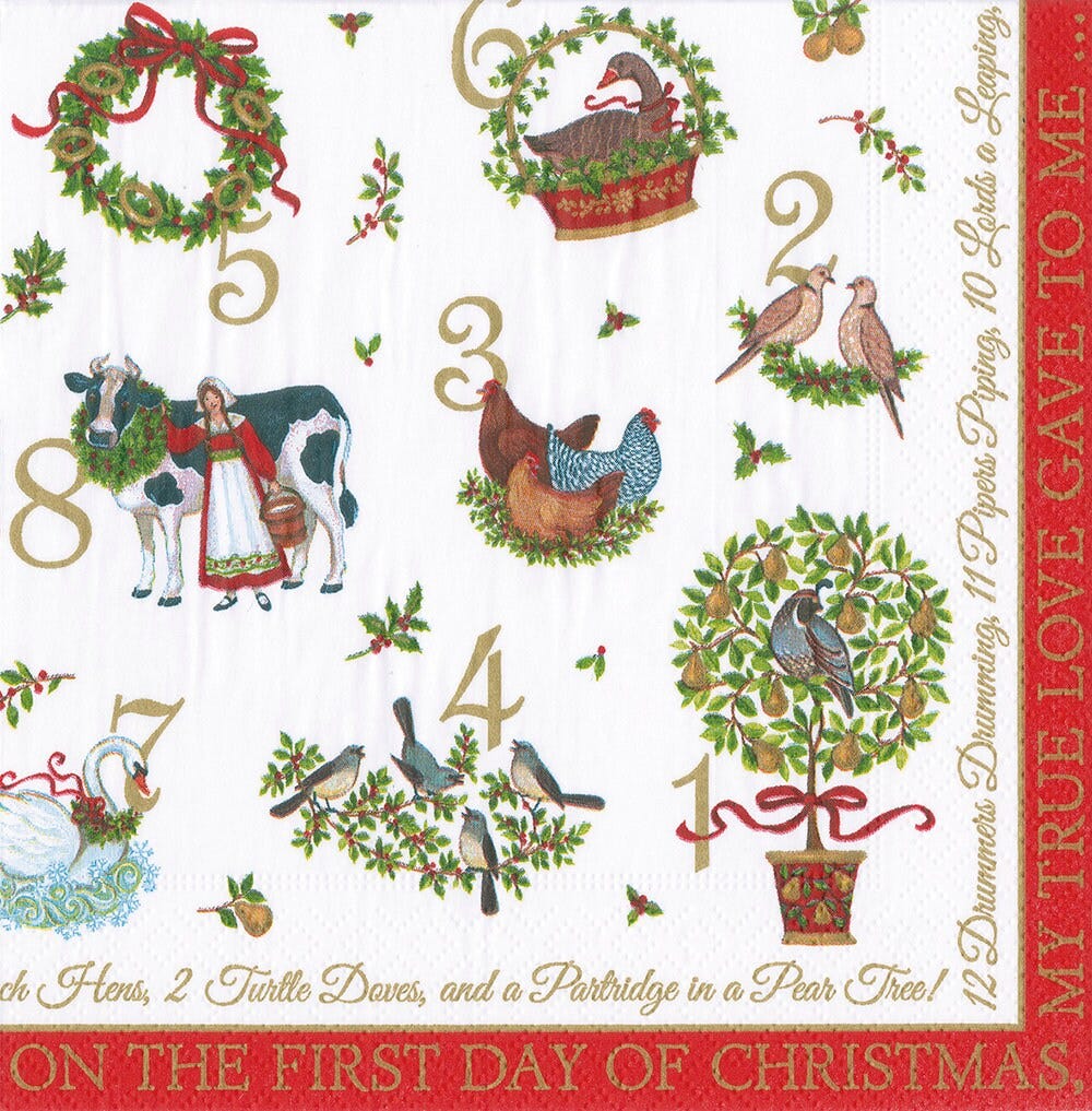 Caspari On the 12th Day by Janine Moore  Christmas Paper Table Napkins 33 cm square 3 ply lunch napkins
