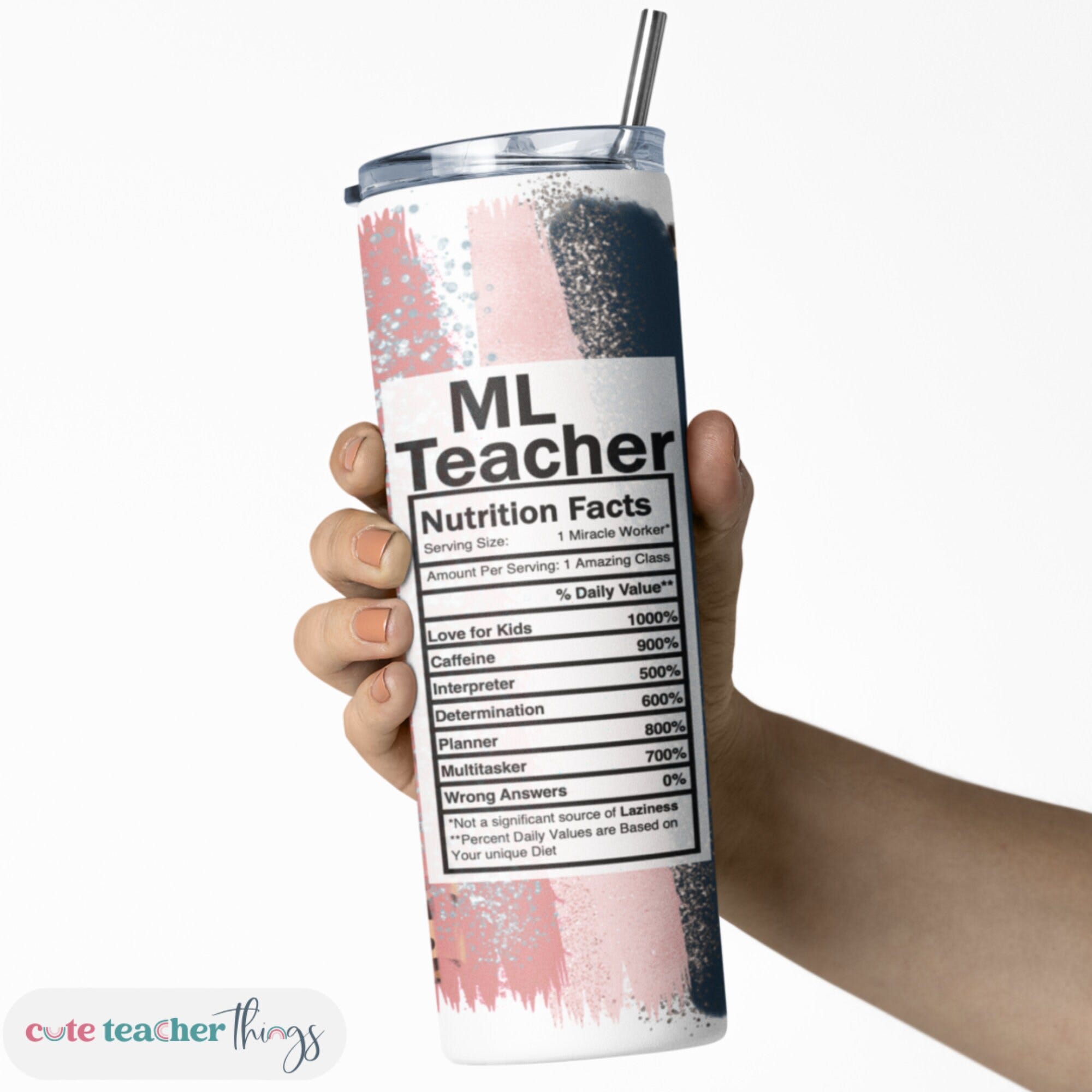 ML Teacher Nutrition Fact Tumbler | 20oz Skinny Tumbler with Lid & Straw | Teacher Appreciation