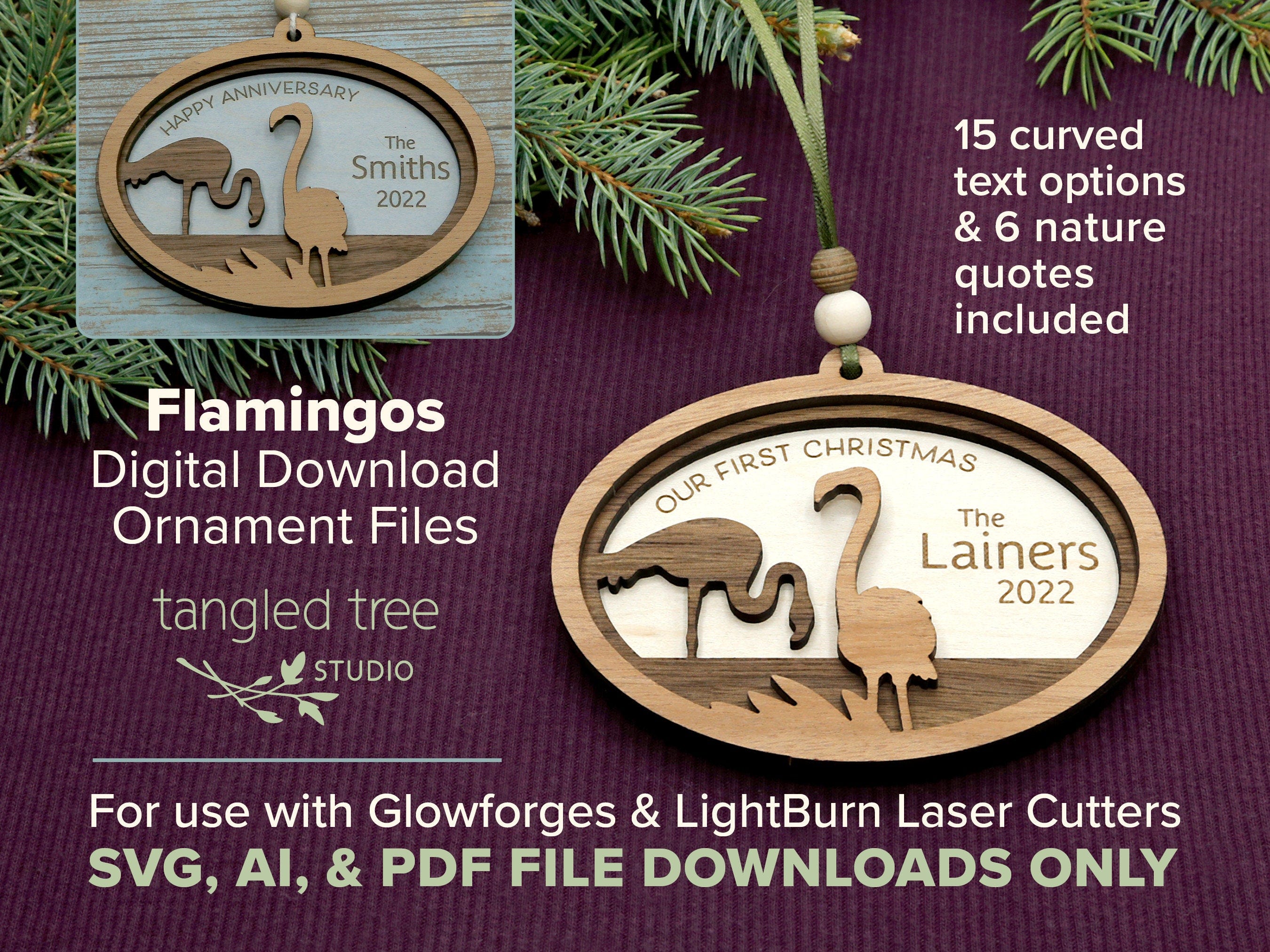 Laser-Cut SVG Files – Flamingos Bird Ornament – Merry Christmas, First Christmas, Memorial, Holidays – No physical product – Glowforge-Ready