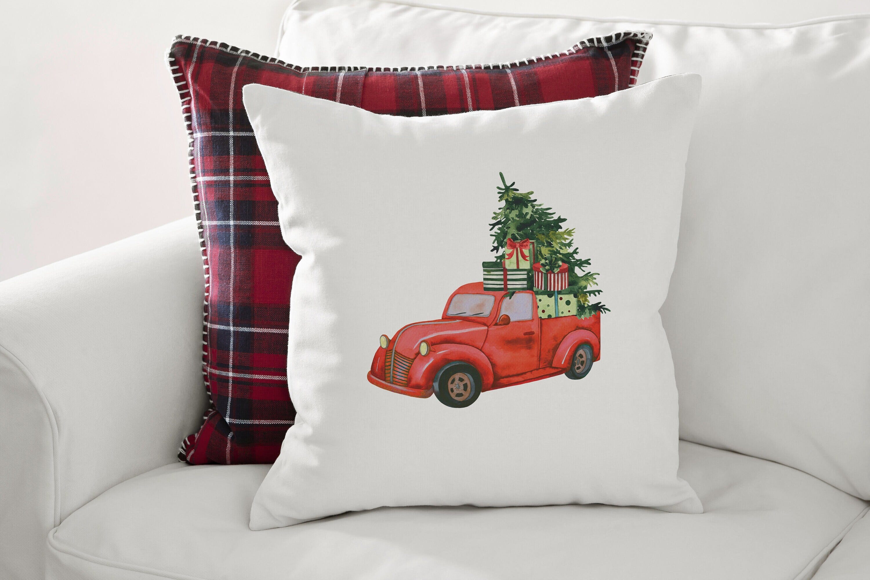 Christmas Cushion, Christmas Pillows, Red Christmas Truck, Vintage Christmas Gift, Christmas Truck Pillow, Holiday Decor