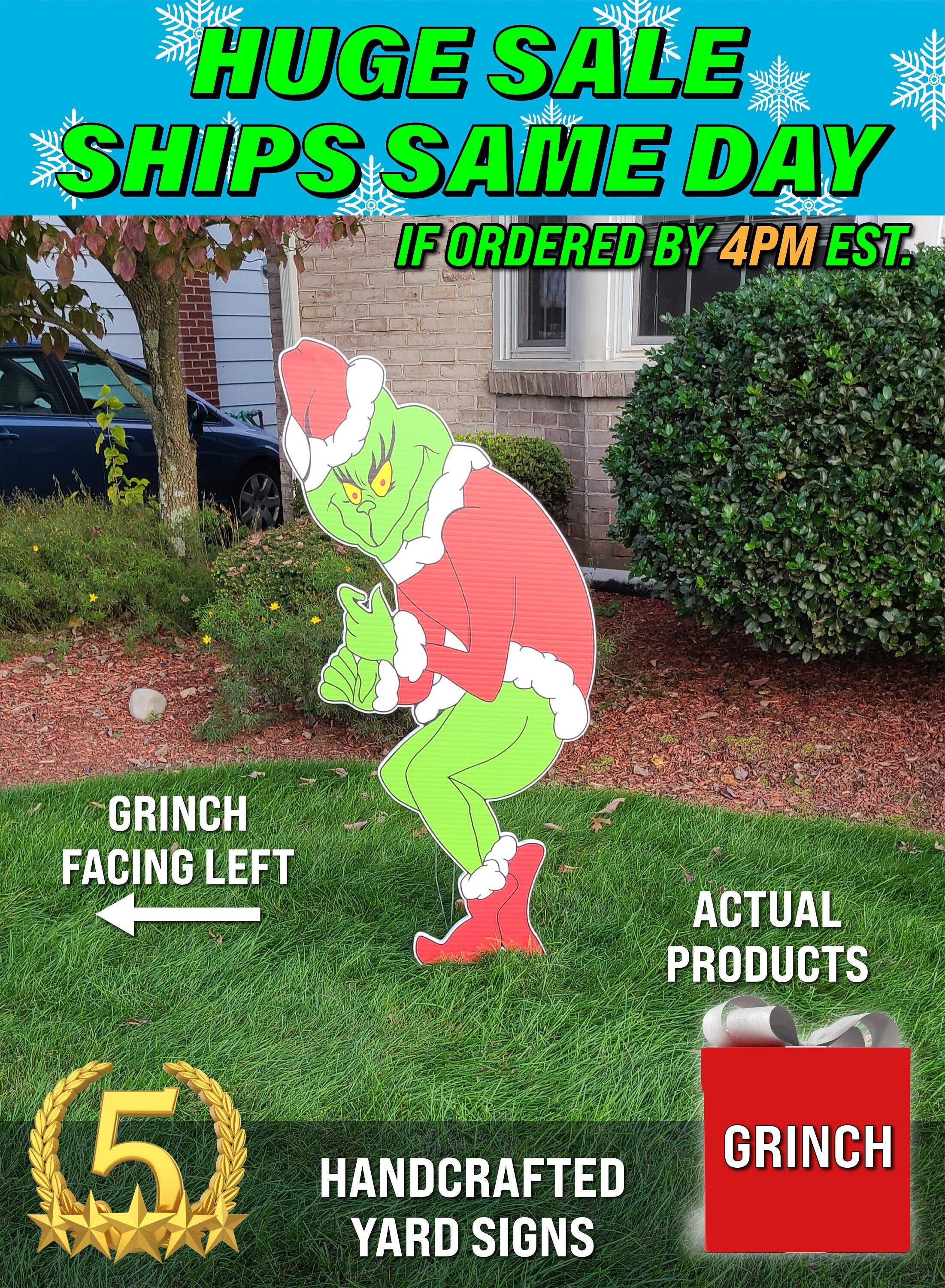 Huge Grinch Stealing Christmas Lights: LEFT Facing Grinch *only*Yard decorations Fast Free Shipping - 4ft Tall  LEFT Facing Grinch Only LEFT