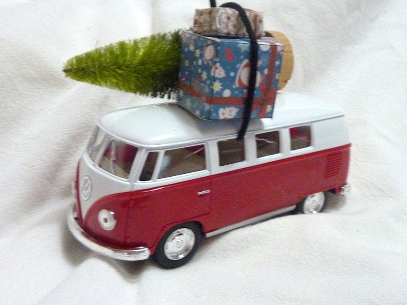 Red VW Van, Red Truck, Diecast truck decor, Christmas Truck decorations, Metal truck