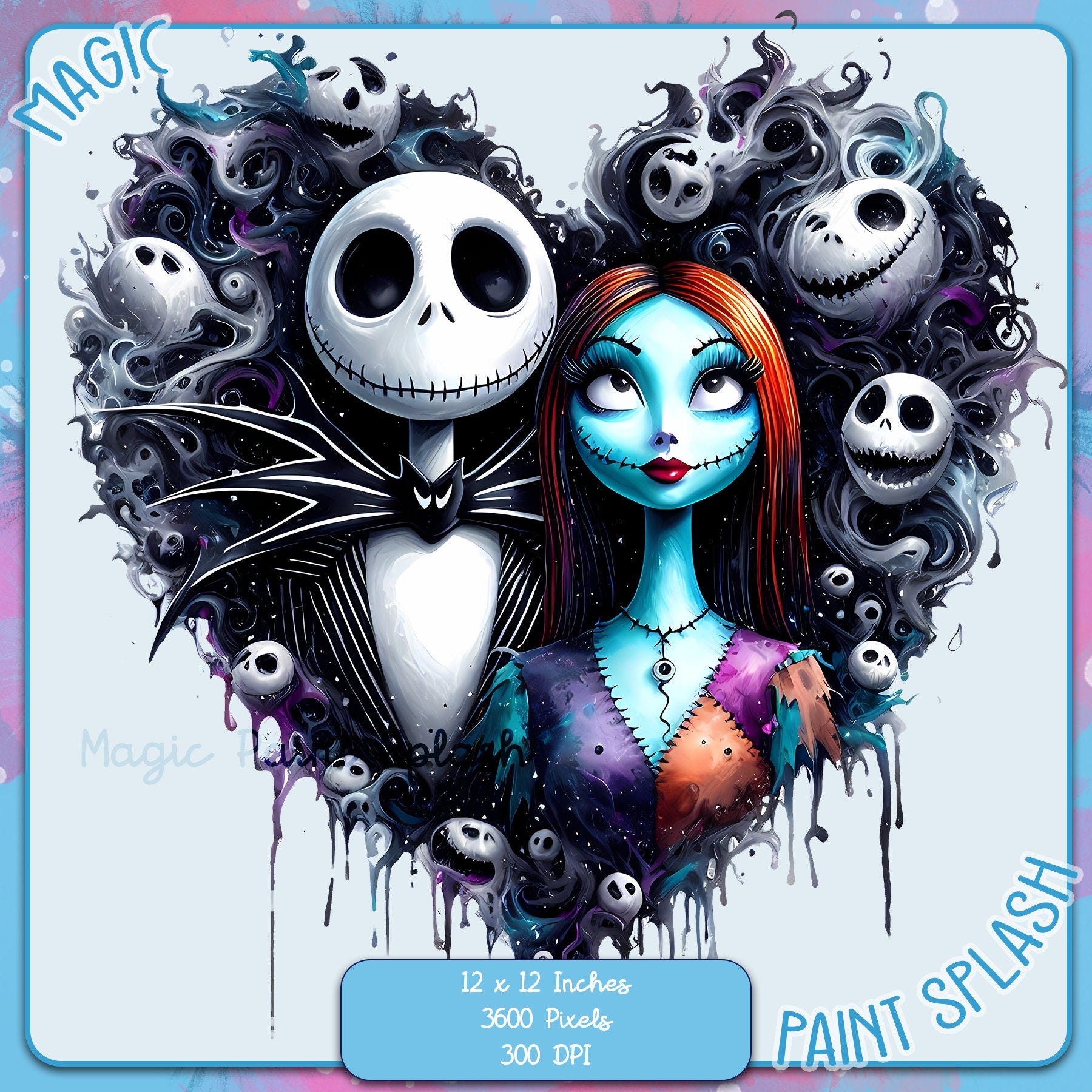 Jack and Sally Watercolor Splash, Clipart Images, Graphics and Artwork, Rainbow Aesthetic, PNG Christmas Nightmare Images