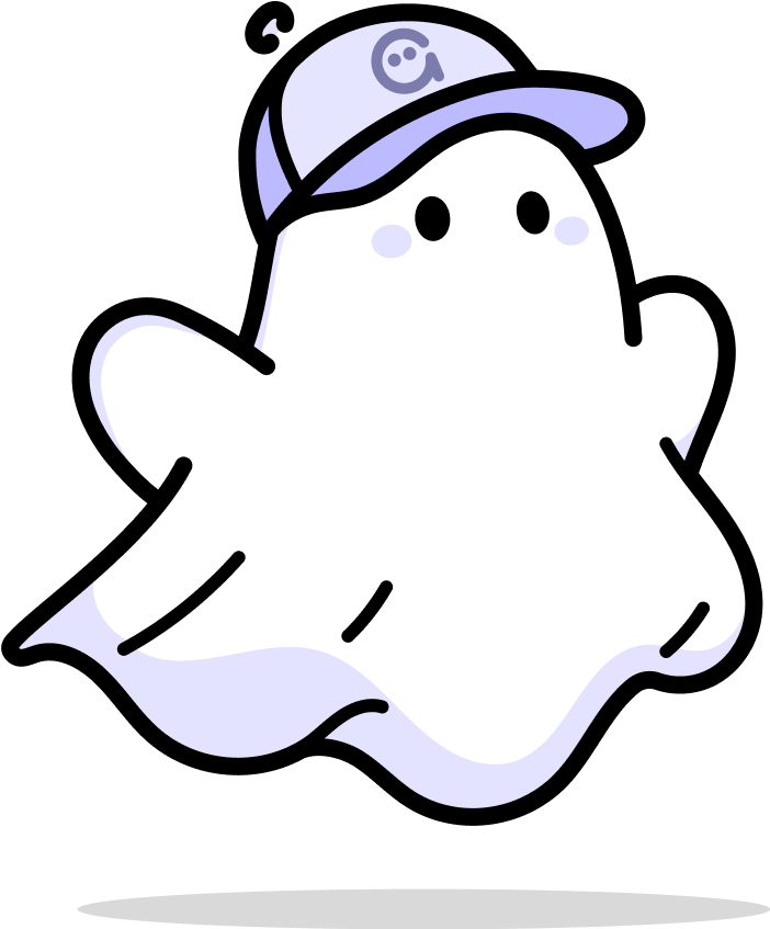 Aave ghost mascot with a purple cap, cartoon style, white background