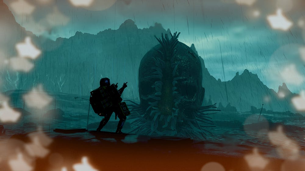 Sam Porter Bridges strikes a pose in photo mode in front of a BT monster in Death Stranding 2.