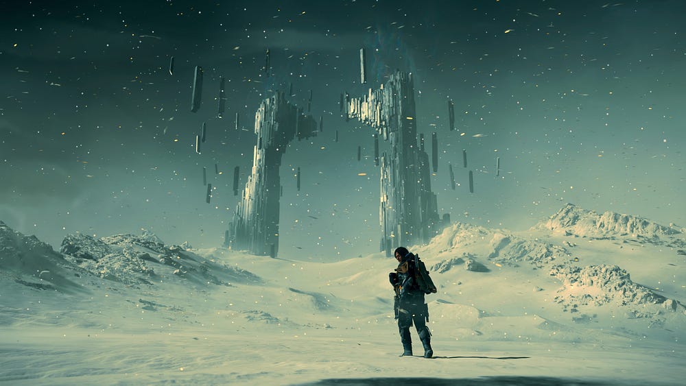 Sam Porter Bridges in front of a plate gate in Death Stranding 2.