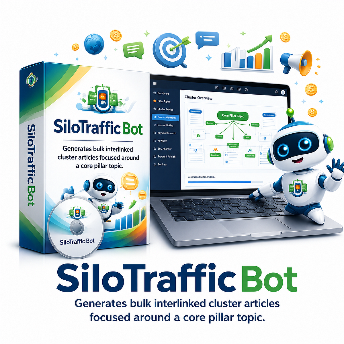 SiloTraffic Bot v2.5 Pro Dashboard showing bulk title input and real-time generation queue