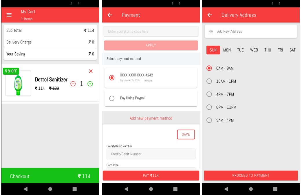 Cart, payment and delivery pages of Grocery buyer app\u200a—\u200aIonic Grocery Delivery Platform