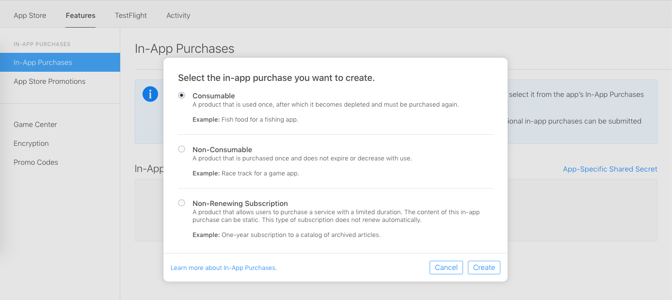Add new in-app purchase product in App store connect