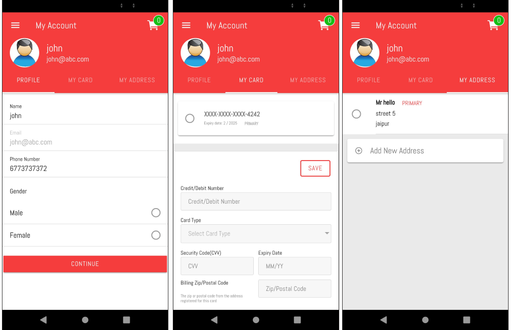 Profile, My cards and My addresses pages of Grocery buyer app\u200a—\u200aIonic Grocery Delivery Platform