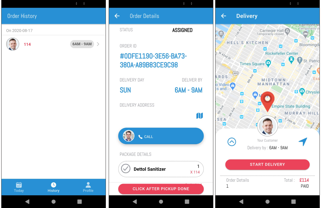 Order history, order details and delivery map view pages of Ionic Grocery Delivery person app\u200a—\u200aIonic Grocery Delivery Platform