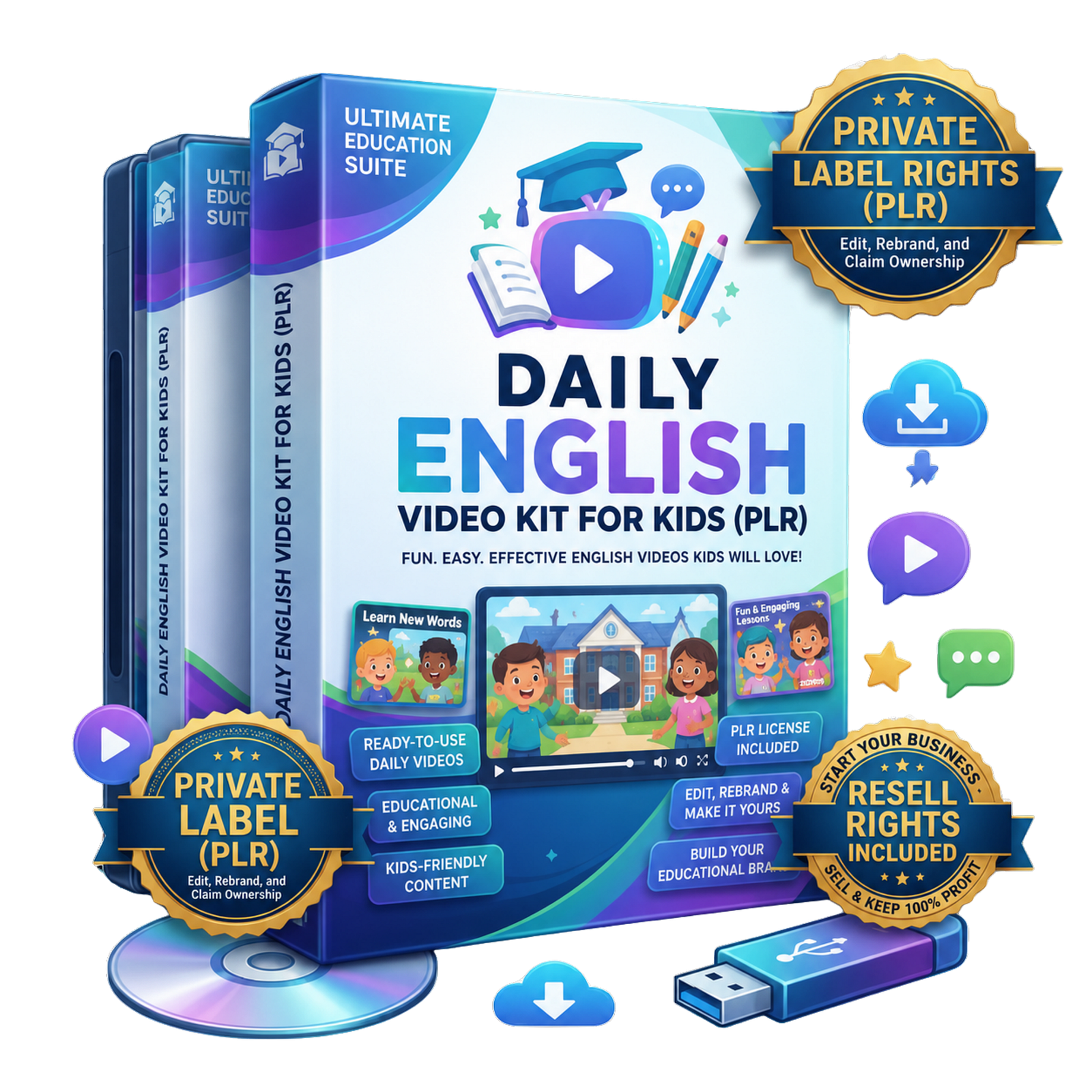 Daily English Video Kit - 18 Kindergarten Learning Videos with PLR