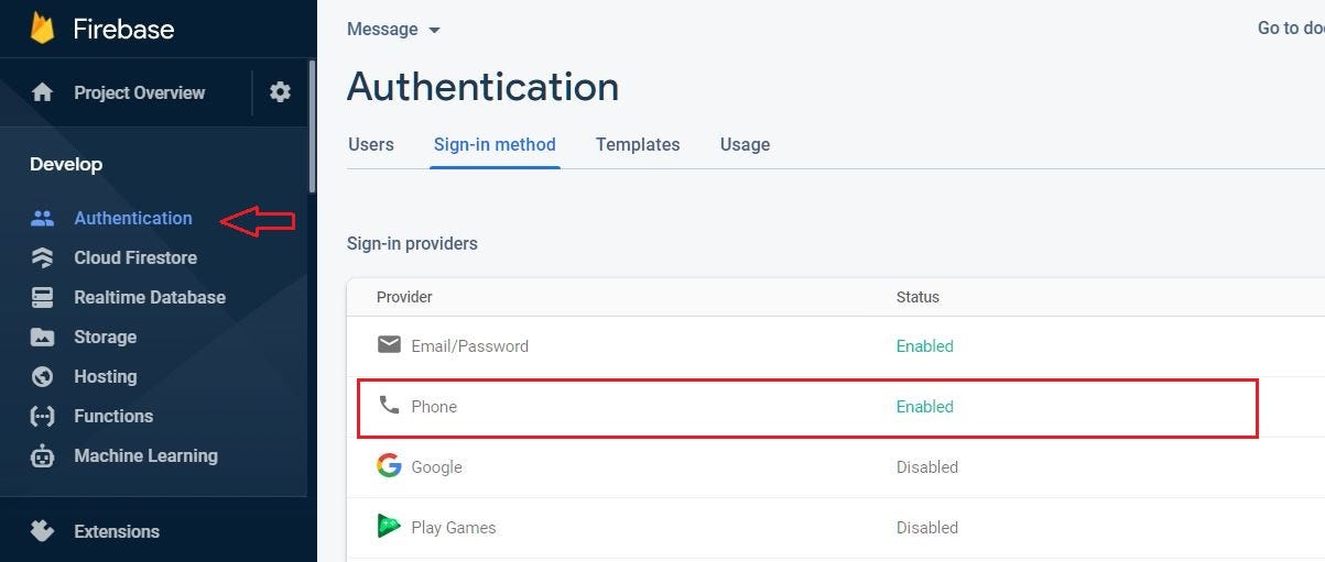 Enable Firebase Phone Authentication from the console