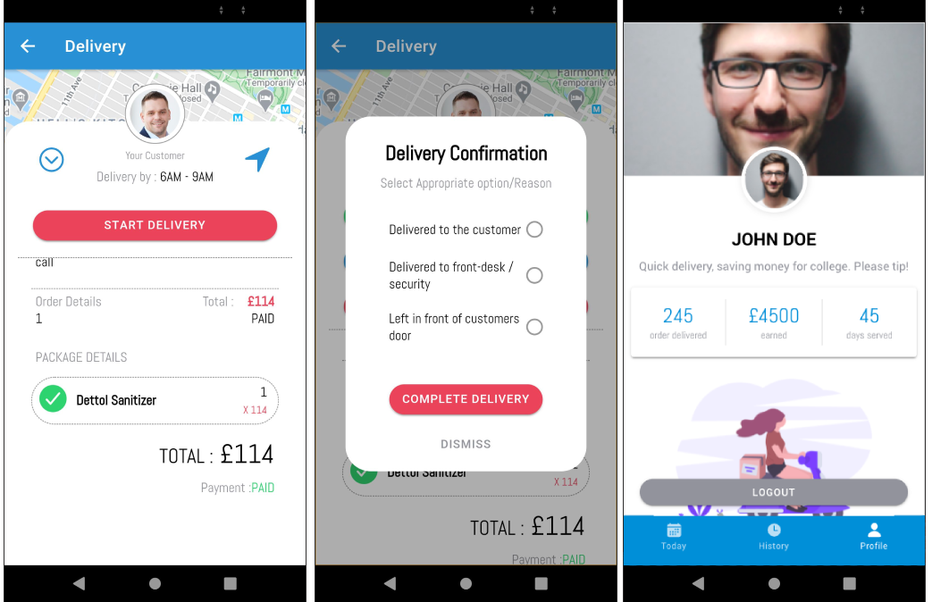 Delivery details, delivery confirmation and profile pages of Ionic Grocery Delivery person app\u200a—\u200aIonic Grocery Delivery Platform