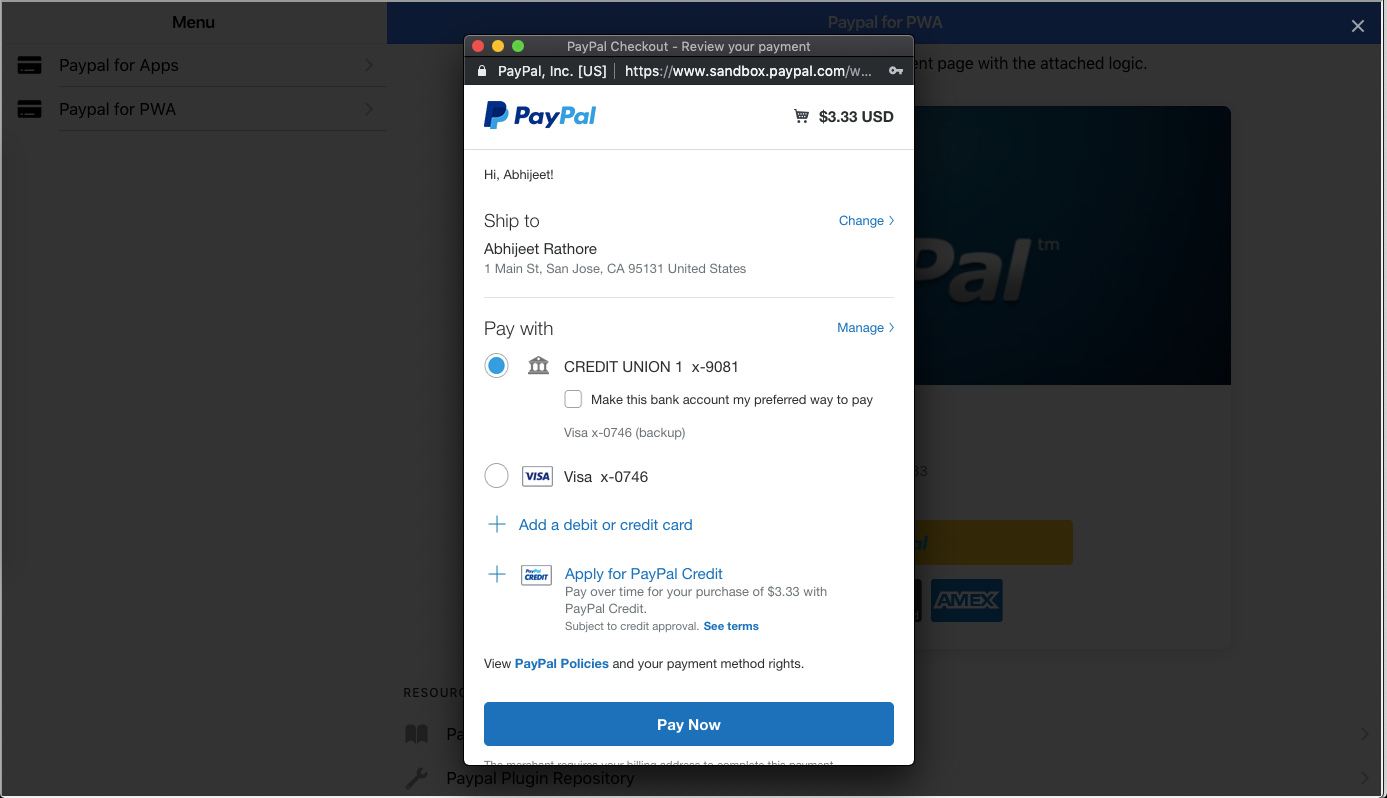 Payment options in your sandbox account\u200a—\u200aPayPal web implementation