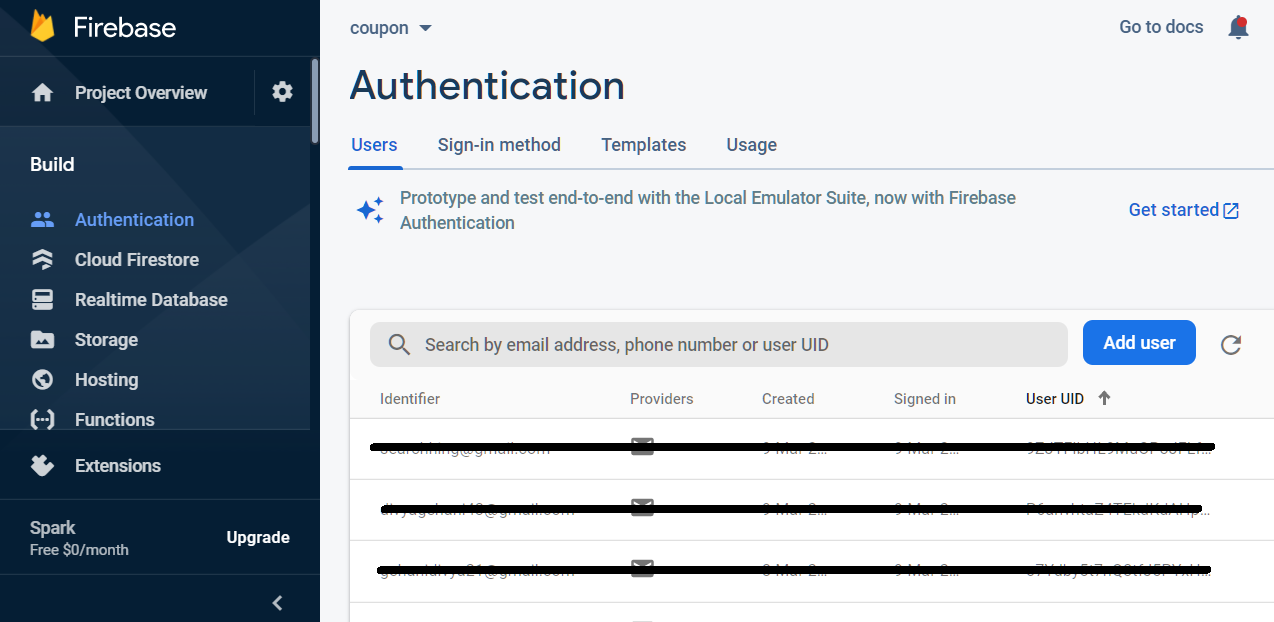 Authentication Tab in Firebase Console
