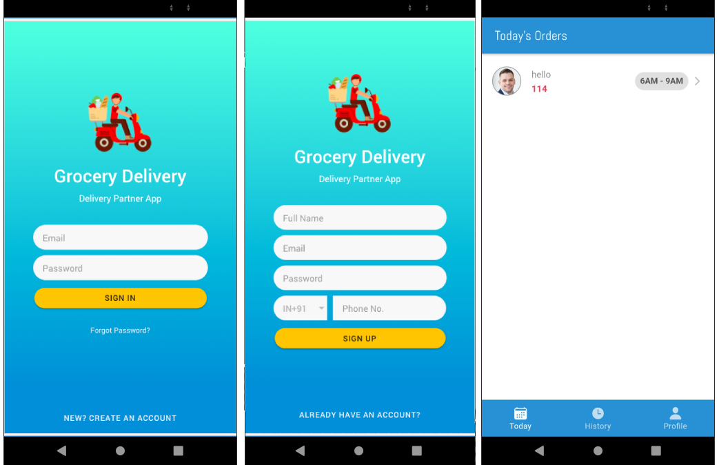 Login, signup and today’s orders pages of Ionic Grocery Delivery person app\u200a—\u200aIonic Grocery Delivery Platform