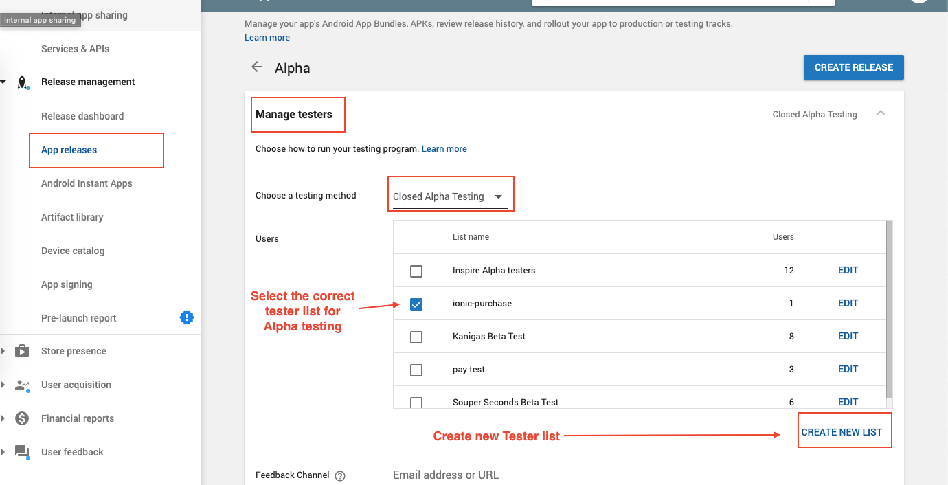 Create a new tester group for Alpha / Internal testing in Play Store console