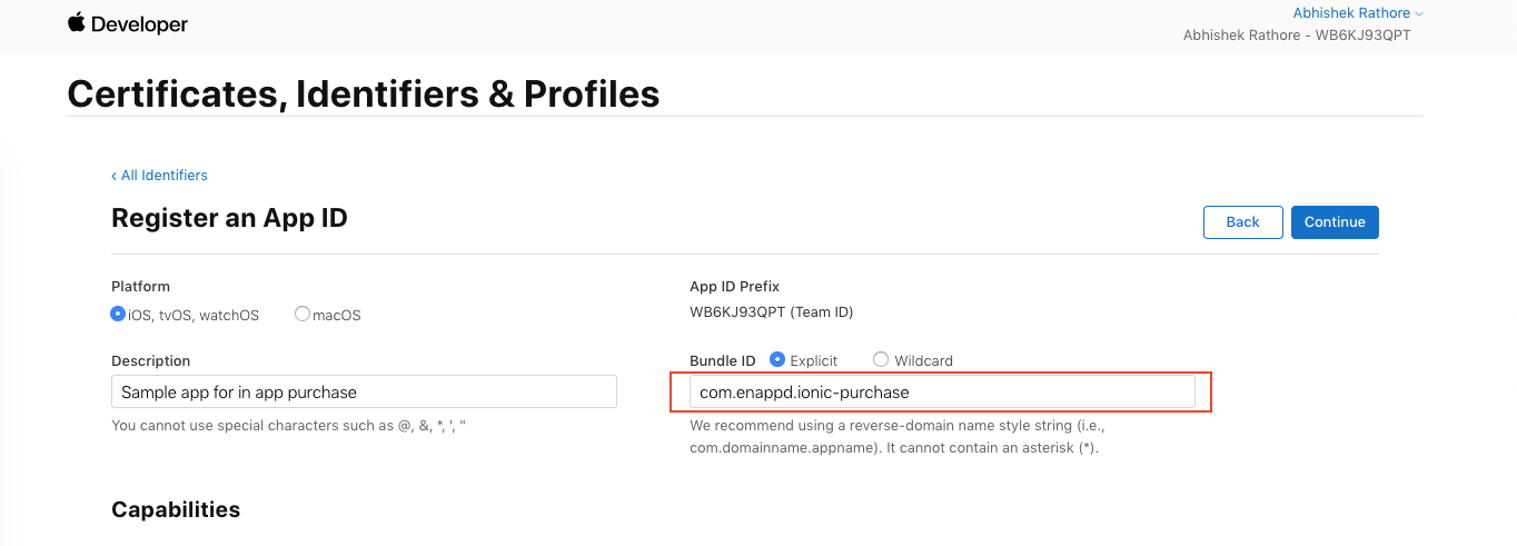 App store- Enter the bundle ID to create an identifier