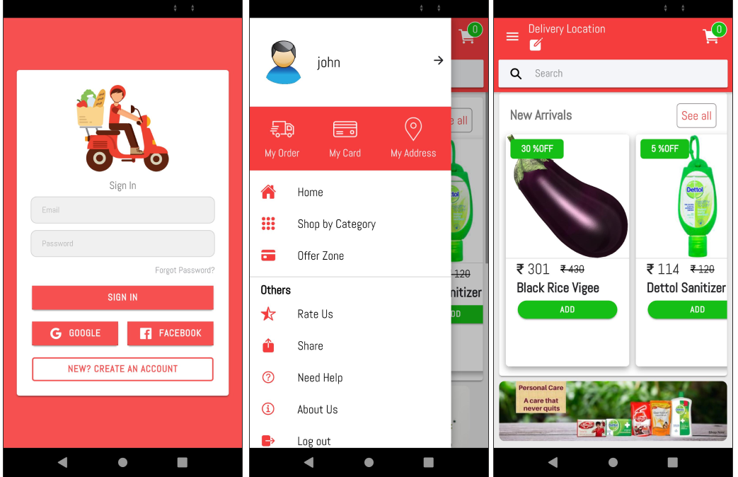Login, Sidemenu and Home pages for Grocery buyer app\u200a—\u200aIonic Grocery Delivery Platform