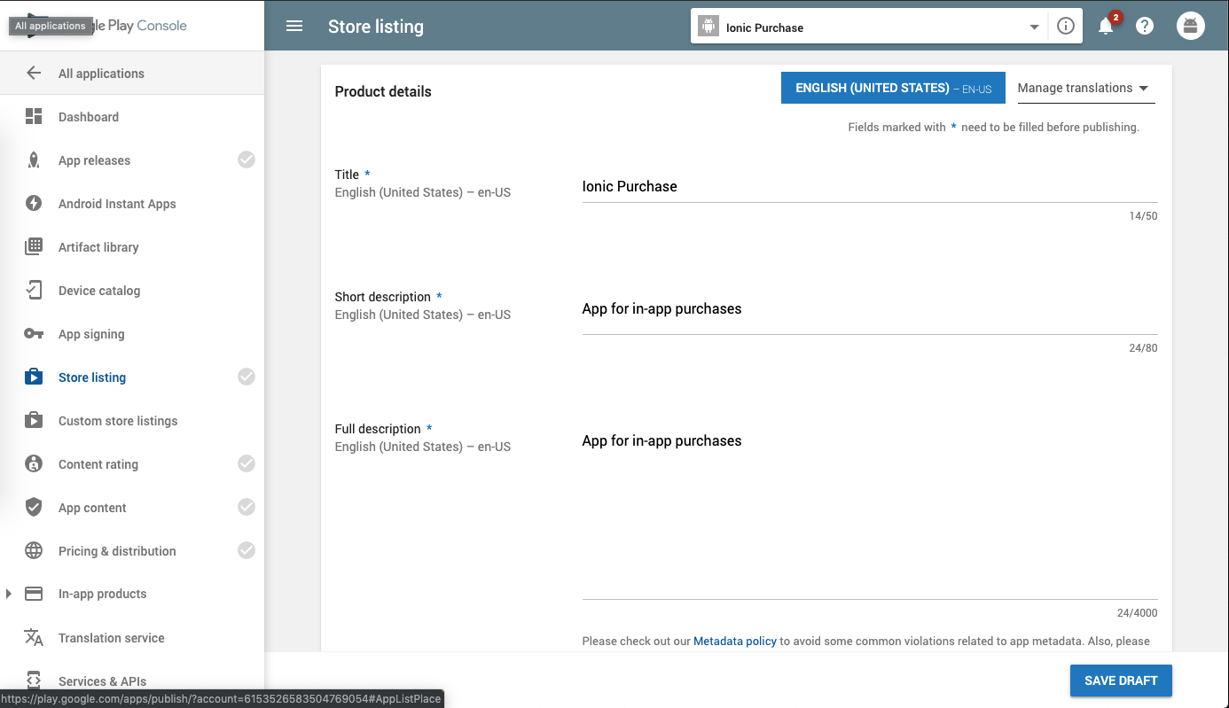Fill basic details of the app to create the app draft