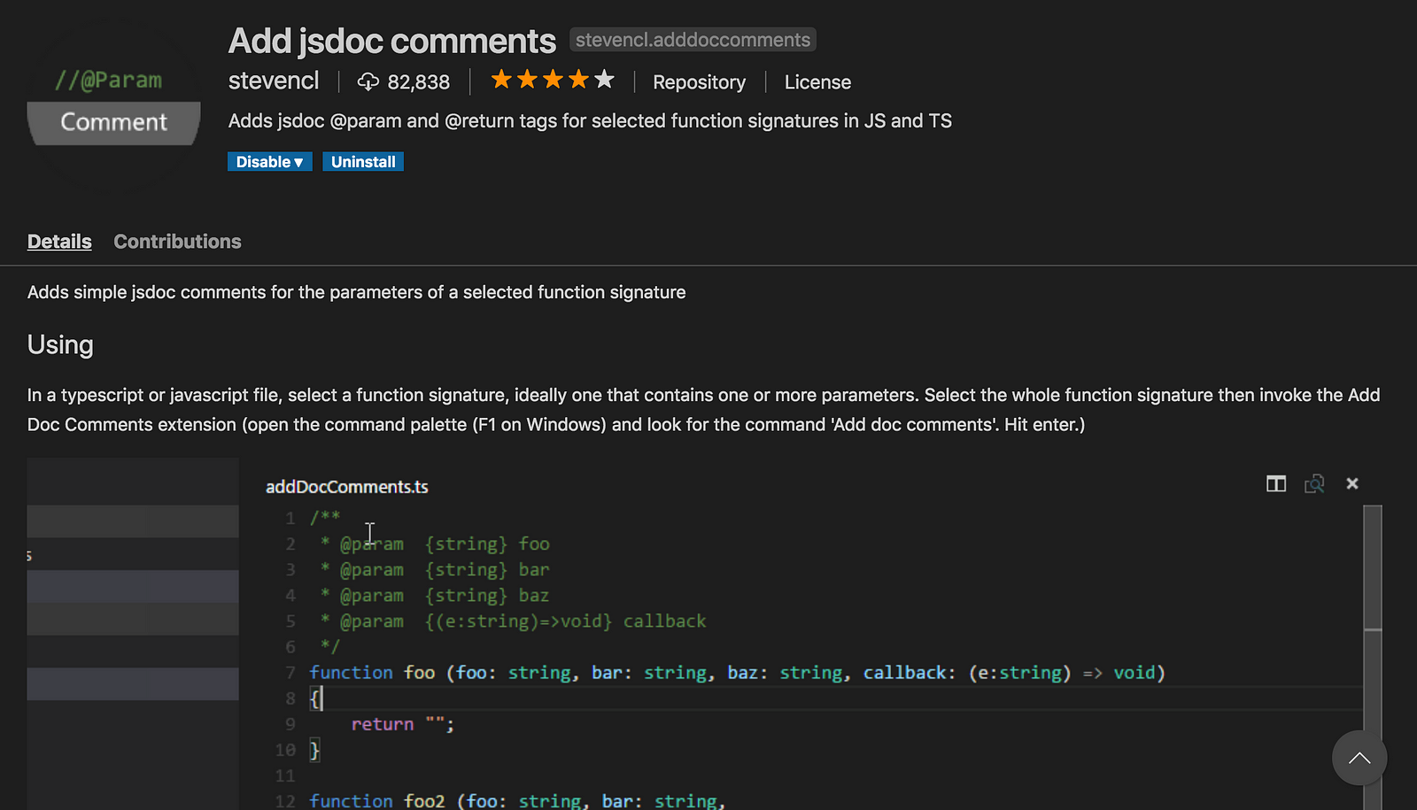 Code commands. Jsdoc. Jsdoc example. Command Palette. Command Palette vs code.