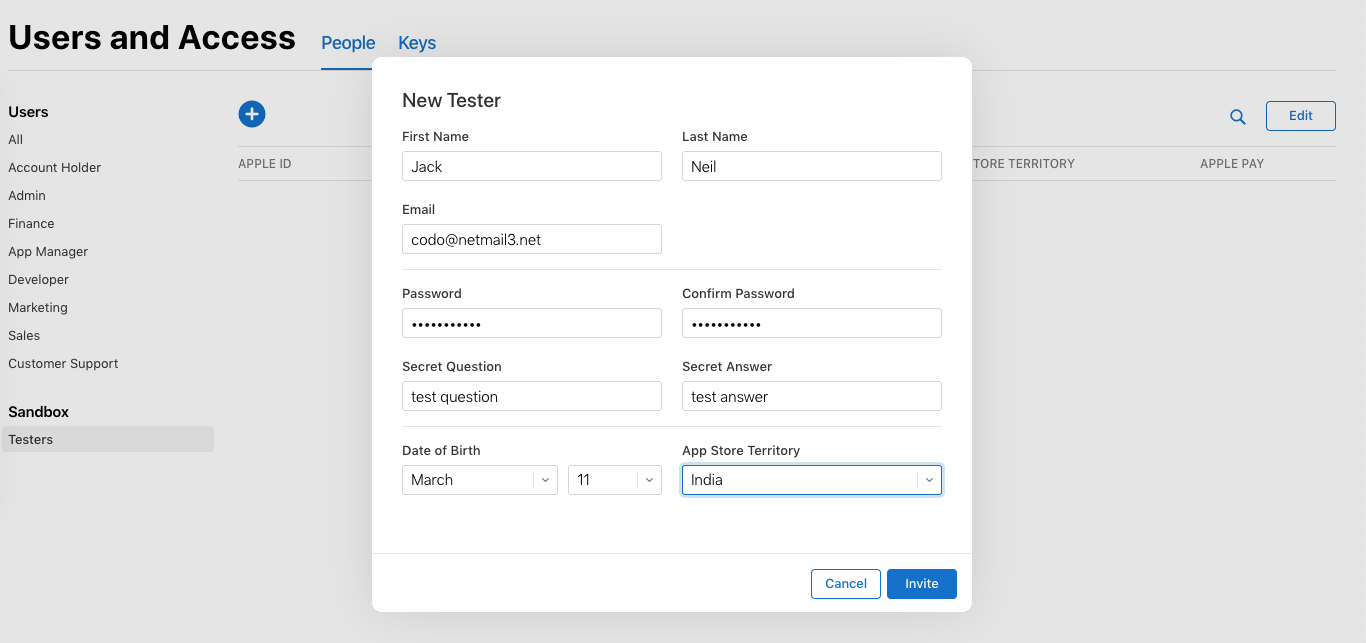 Add new Sandbox test user in App Store connect
