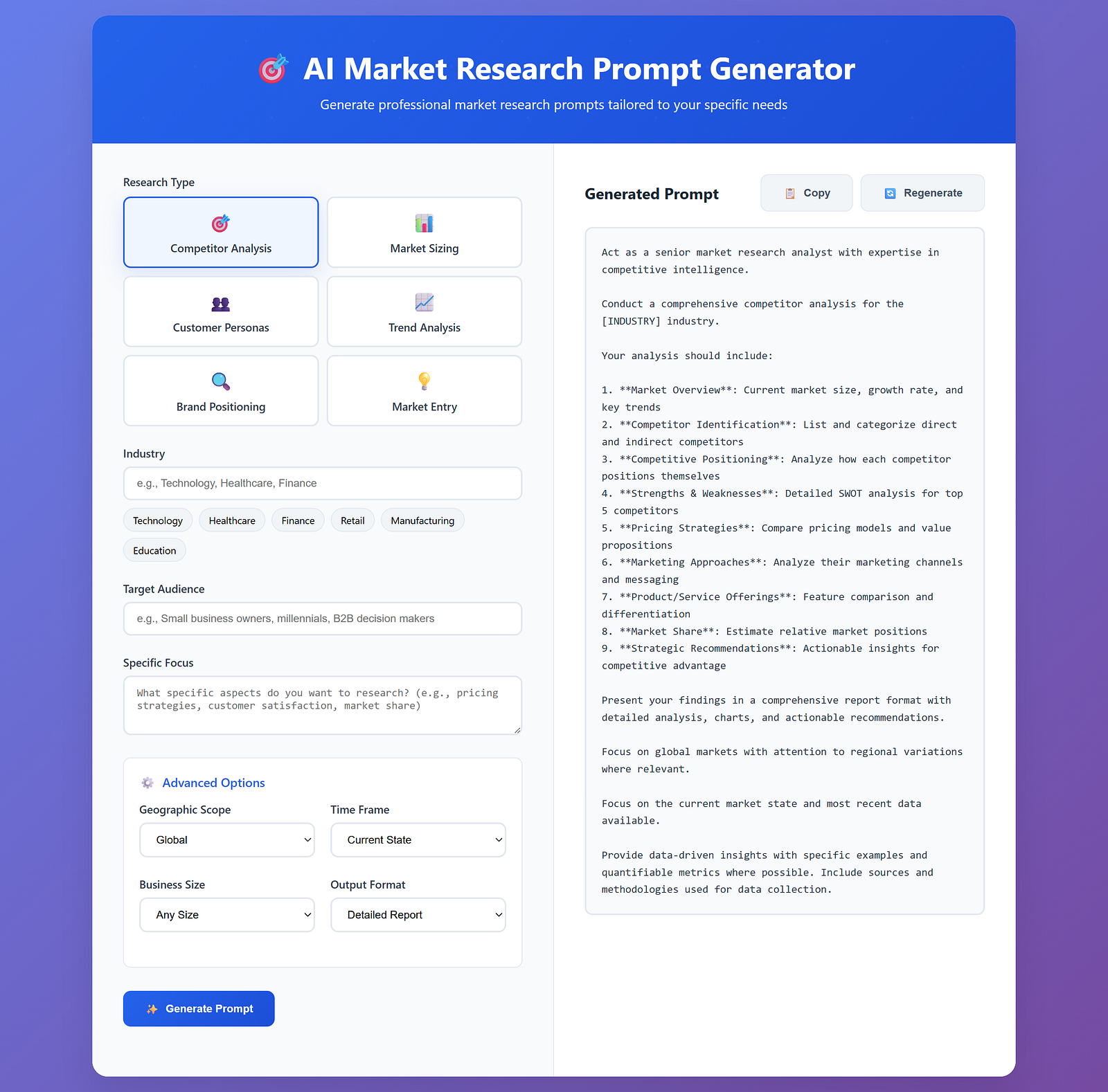AI Market Research Prompt Generator UI