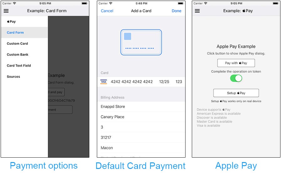 tipsi-stripe UI example layouts