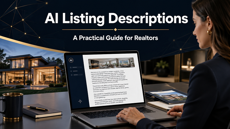 Professional realtor using AI to write better real estate listing descriptions on a laptopAI…