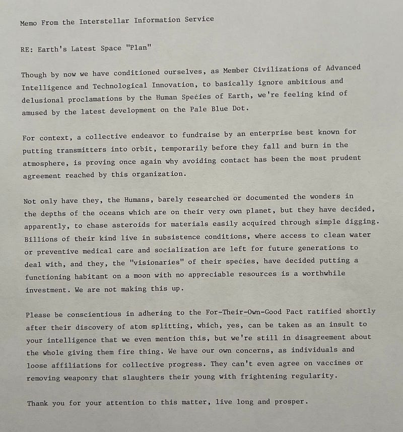 Memo From The Interstellar Information Service — RE: Earth’s Latest Space “Plan”